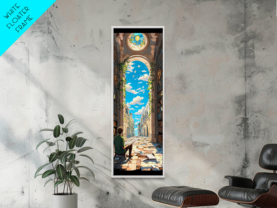 Sunlit Ruined Library Hall With Open Sky Wall Art, Whimsical Fantasy Canvas Print, Book Lover Decor For Reading Nook And Home Library