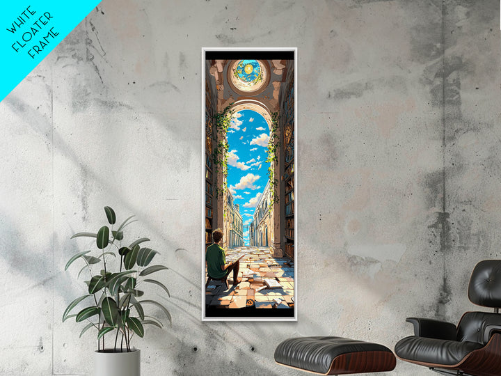 Sunlit Ruined Library Hall With Open Sky Wall Art, Whimsical Fantasy Canvas Print, Book Lover Decor For Reading Nook And Home Library