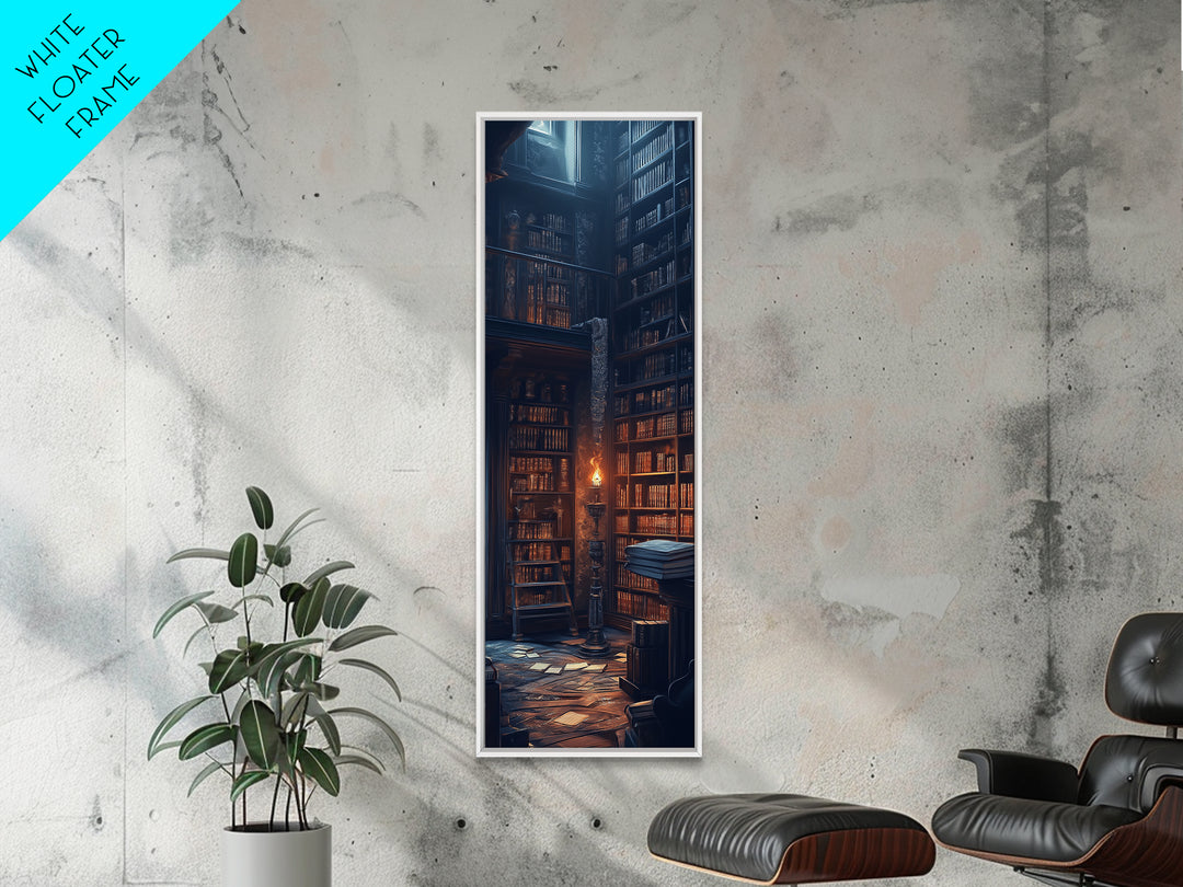 Moody Old Library With Tall Shelves And Candlelight Wall Art, Dark Academia Canvas Print, Gothic Home Library Wall Decor