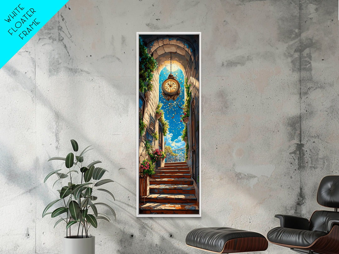 Golden Hanging Clock In Sunlit Stone Alley Wall Art, Fantasy City Canvas Print, Whimsical Travel Poster, Entryway Decor Gift