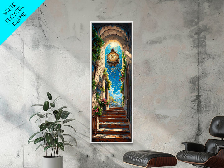 Golden Hanging Clock In Sunlit Stone Alley Wall Art, Fantasy City Canvas Print, Whimsical Travel Poster, Entryway Decor Gift