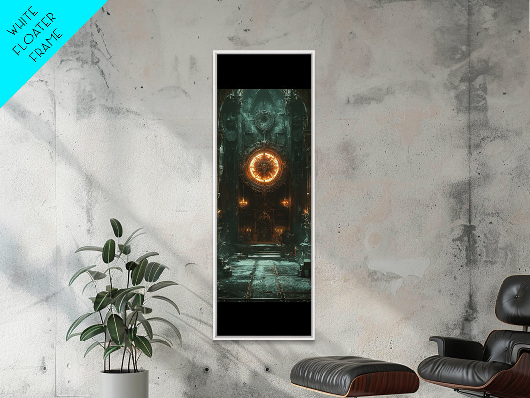 Glowing Astral Clock Door In Gothic Hall Wall Art, Dark Fantasy Canvas Print, Steampunk Decor, Moody Entryway Art For Office