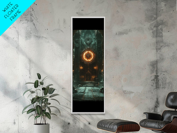 Glowing Astral Clock Door In Gothic Hall Wall Art, Dark Fantasy Canvas Print, Steampunk Decor, Moody Entryway Art For Office