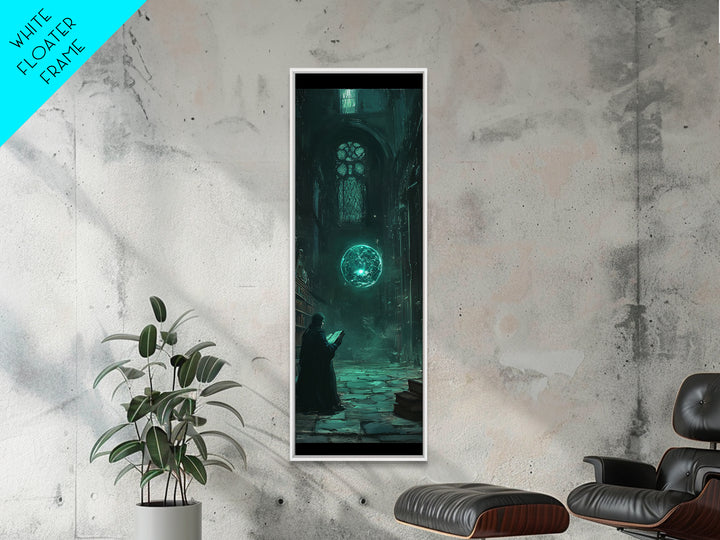 Dark Gothic Library With Teal Magic Orb Wall Art, Fantasy Castle Decor, Dark Academia Print, Moody Reading Nook Artwork Gift