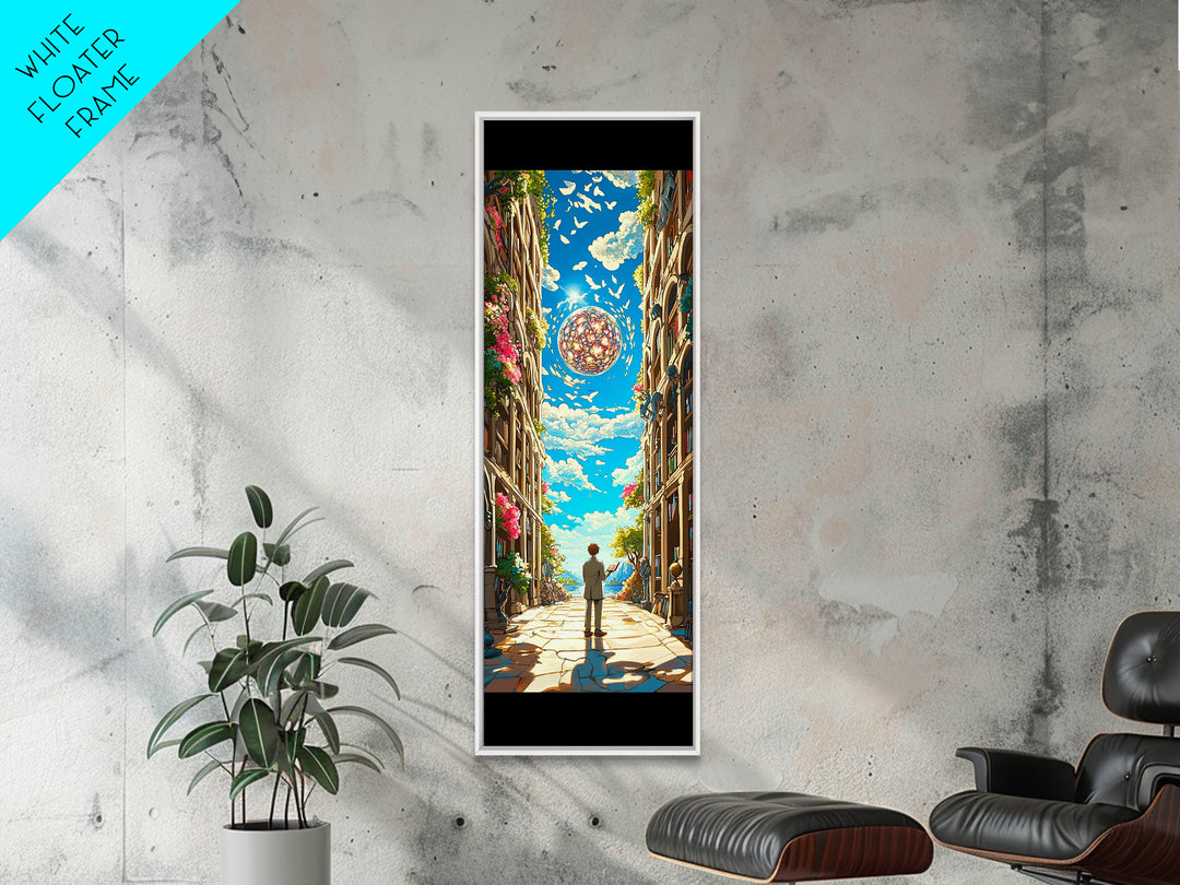 Sunlit European Alley With Birds And Glass Orb Canvas Print, Coastal Wall Art, Fantasy Travel Poster, Bright Home Decor Gift