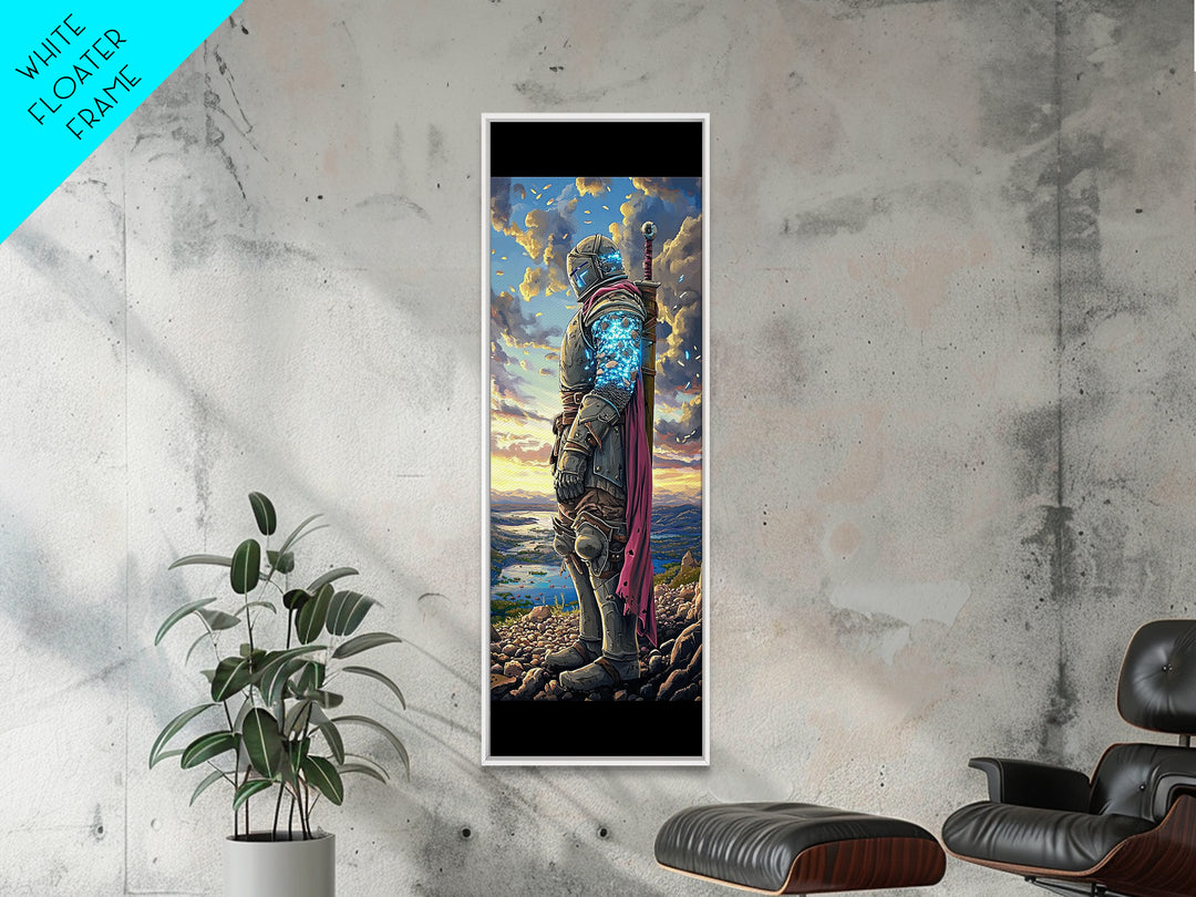 Glowing Blue Crystal Knight At Sunset Framed Canvas Print, Fantasy Wall Art, Medieval Warrior Decor, Gamer Room Gift For Him