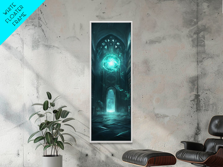 Teal Magic Orb In Gothic Cathedral Wall Art, Dark Fantasy Canvas Print, Dark Academia Decor, Mystical Library Artwork Gift