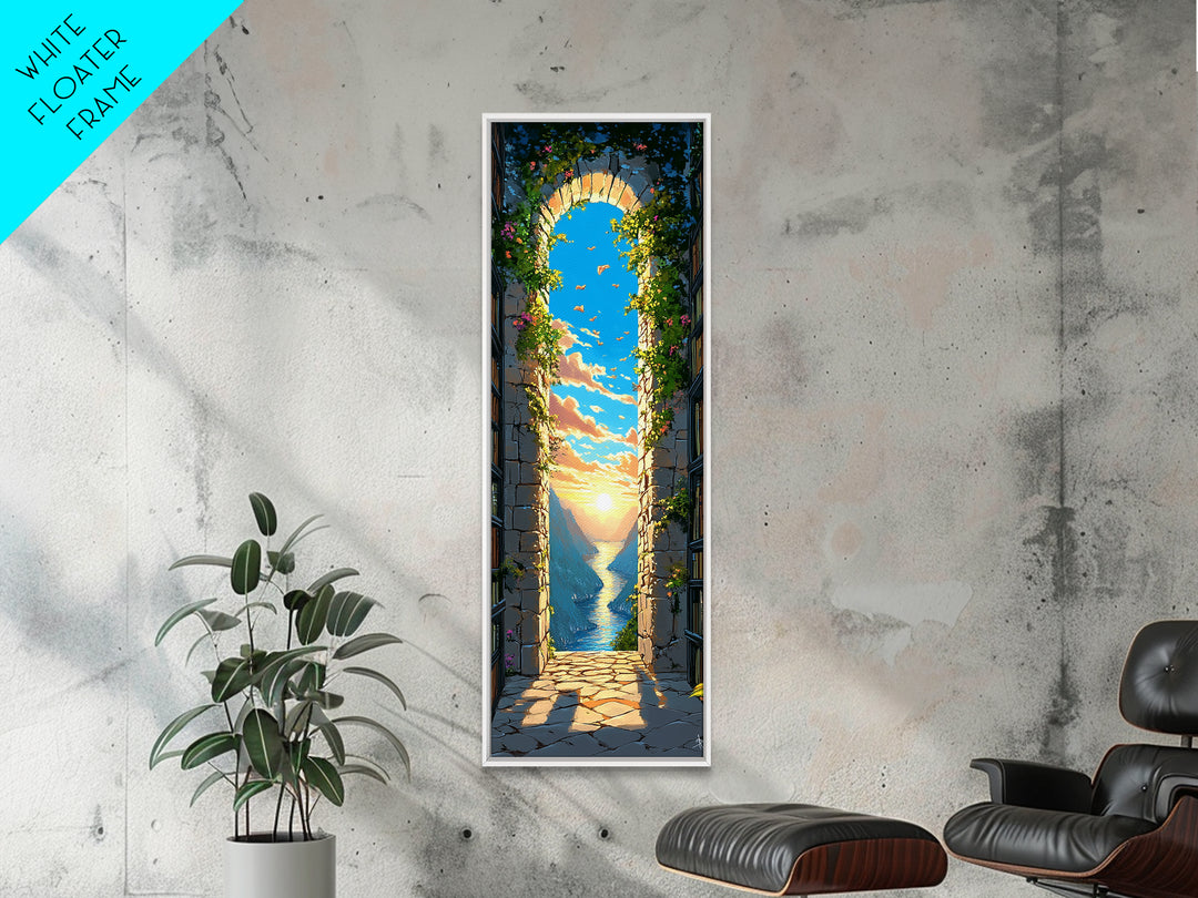 Vine Covered Stone Arch To Sea Sunrise Canvas Print, Mediterranean Wall Art, Coastal Decor, Romantic Bedroom Artwork Gift