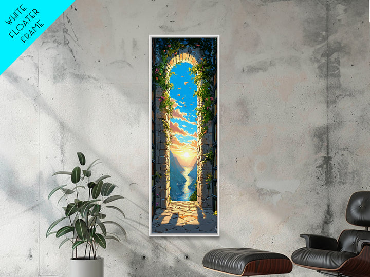 Vine Covered Stone Arch To Sea Sunrise Canvas Print, Mediterranean Wall Art, Coastal Decor, Romantic Bedroom Artwork Gift