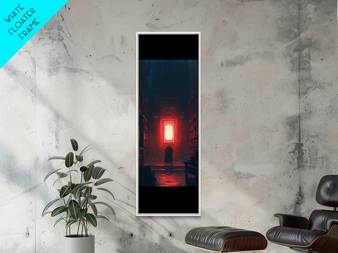 Red Glowing Door In Dark Library Wall Art, Gothic Framed Canvas Print, Dark Academia Decor, Moody Fantasy Artwork Gift For Him