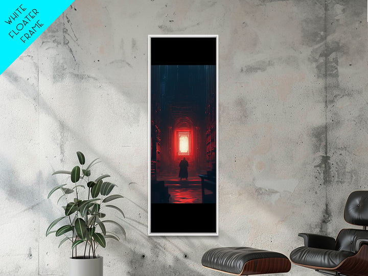 Red Glowing Door In Dark Library Wall Art, Gothic Framed Canvas Print, Dark Academia Decor, Moody Fantasy Artwork Gift For Him