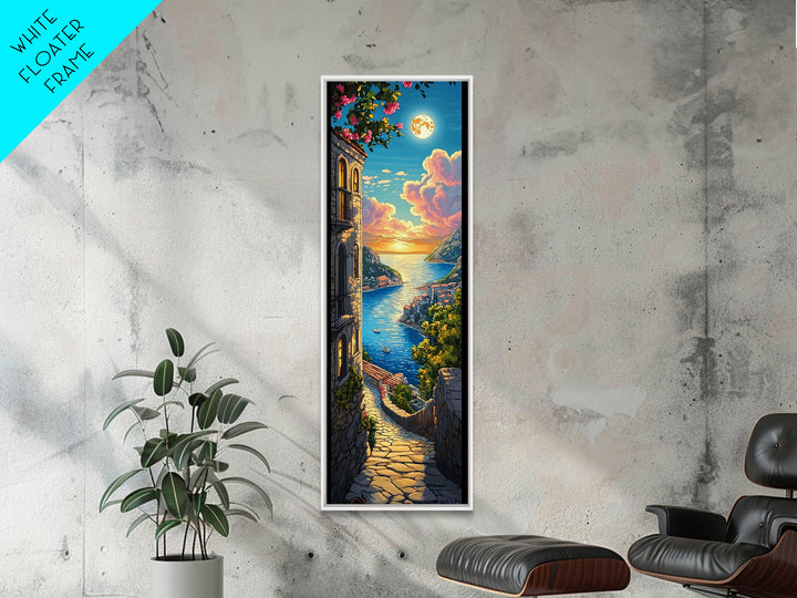 Moonlit Mediterranean Coast With Pink Clouds Canvas Print, Italy Wall Art, Coastal Village Decor, Romantic Travel Gift For Her