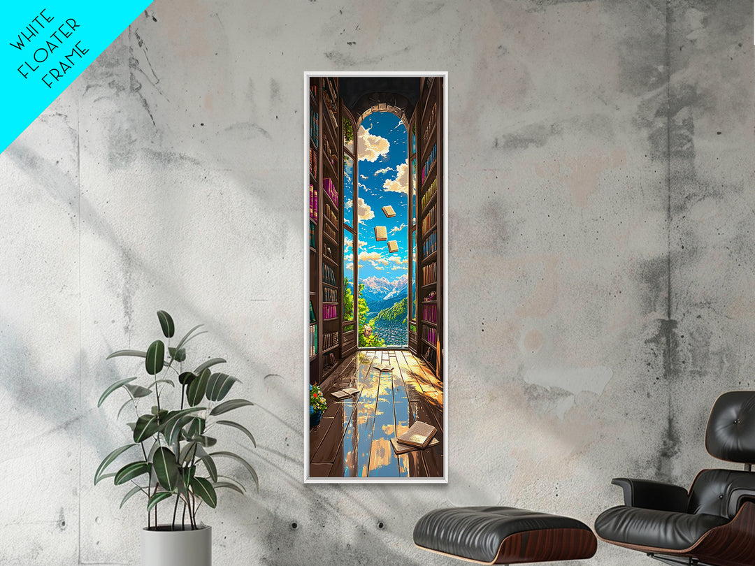 Magical Library Doorway With Floating Books Wall Art, Mountain View Canvas Print, Book Lover Decor, Reading Nook Home Office Gift