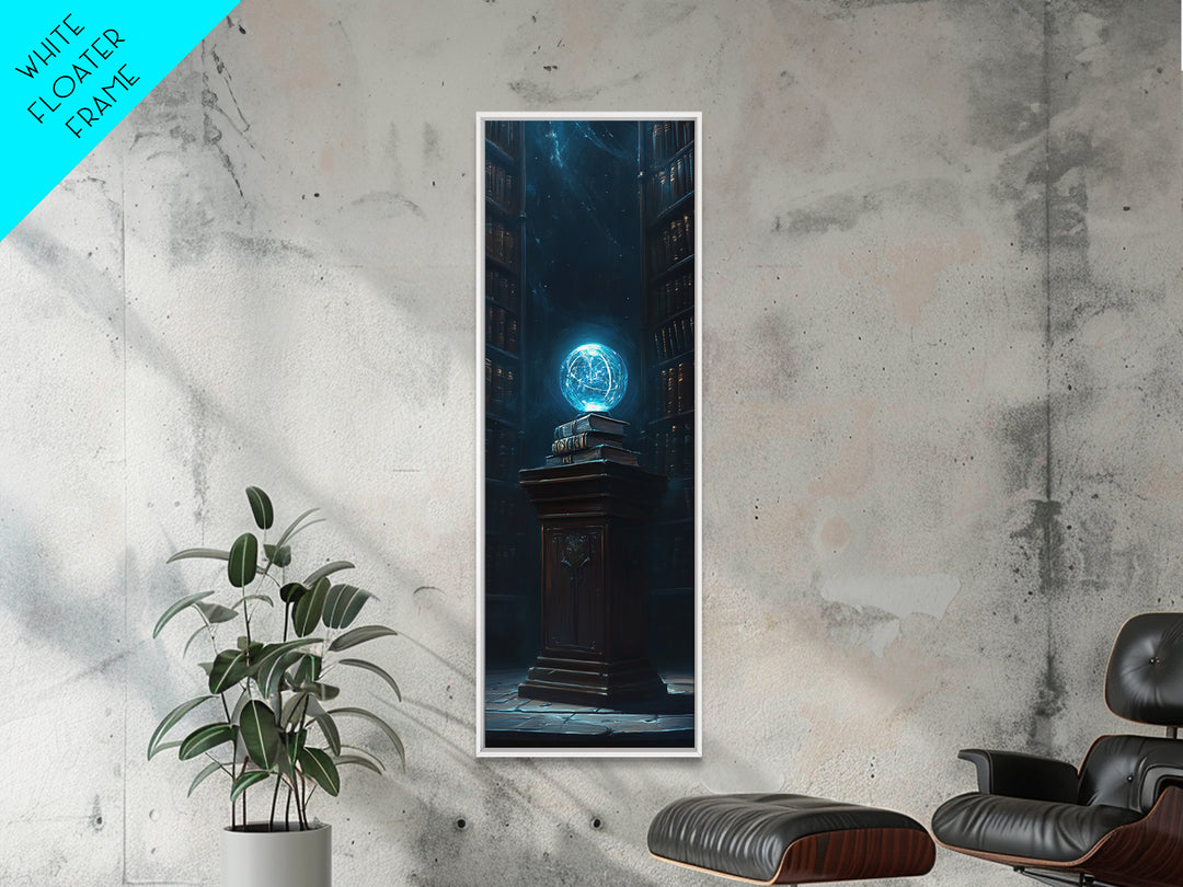 Glowing Blue Orb In Dark Library Framed Canvas Print, Fantasy Wall Decor, Mystical Bookish Art For Dark Academia Reading Nook Decor