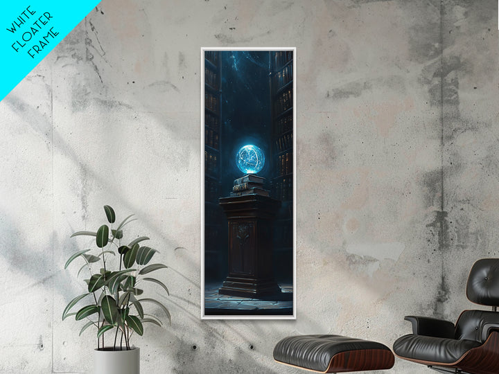Glowing Blue Orb In Dark Library Framed Canvas Print, Fantasy Wall Decor, Mystical Bookish Art For Dark Academia Reading Nook Decor