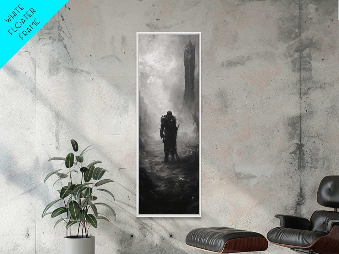Lone Warrior Before Dark Tower Wall Art, Black And White Fantasy Print, Gothic Dark Art For Game Room Decor, Moody Statement Artwork