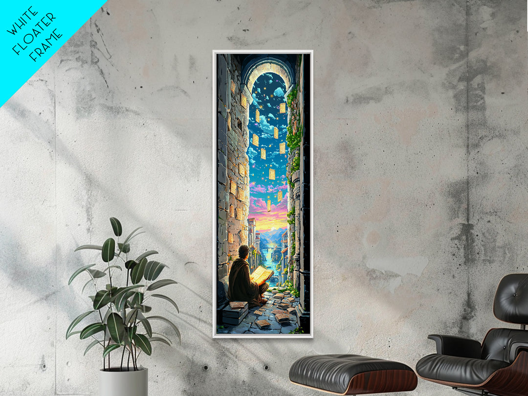 Scholar Reading Under Stone Arch Canvas Print, Floating Pages Fantasy Wall Decor, Magical Library Art For Book Lovers Gift