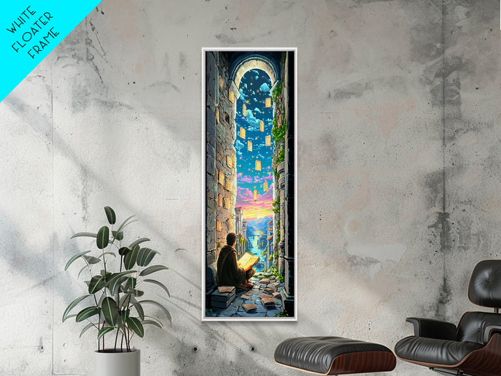 Scholar Reading Under Stone Arch Canvas Print, Floating Pages Fantasy Wall Decor, Magical Library Art For Book Lovers Gift