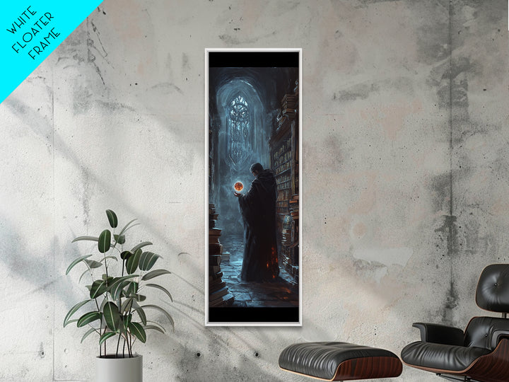 Cloaked Wizard In Gothic Library Framed Canvas Print, Dark Academia Fantasy Wall Decor, Mystical Bookish Art For Study Room Decor