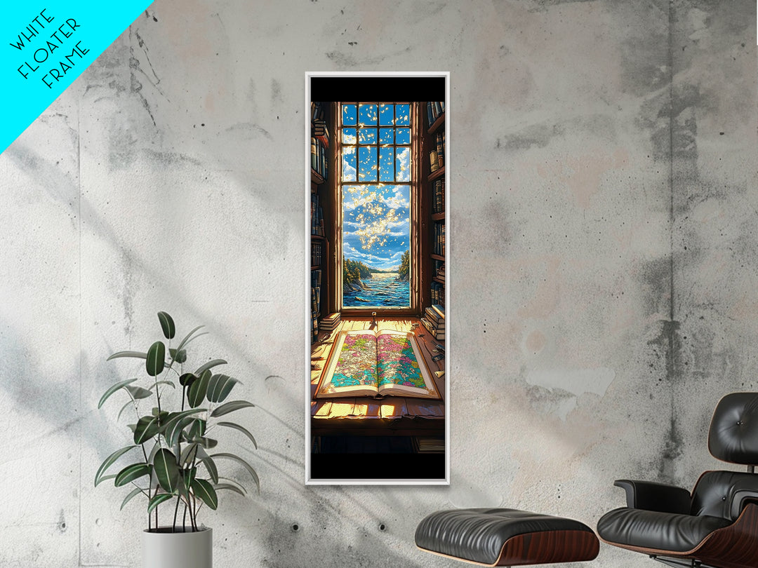 Open Map By Ocean Library Window Canvas Print, Bookish Coastal Wall Decor, Sunlit Travel Art For Reading Nook And Study Decor