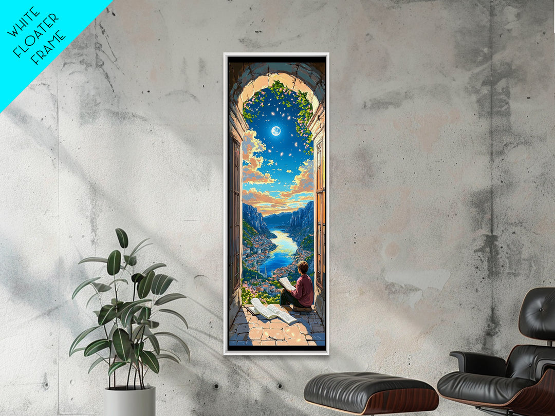 Reader In Arched Window Over Moonlit Valley Framed Canvas Print, Bookish Wall Art, Cozy Library Decor, Fantasy Art Print Gift