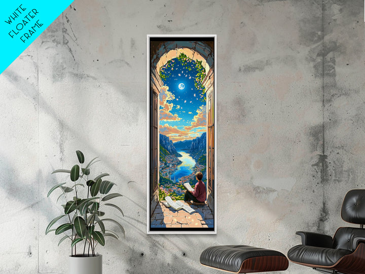 Reader In Arched Window Over Moonlit Valley Framed Canvas Print, Bookish Wall Art, Cozy Library Decor, Fantasy Art Print Gift