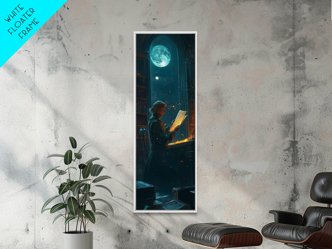 Moonlit Scholar Reading Ancient Scroll Canvas Print, Dark Academia Wall Art, Magical Library Decor, Book Lover Gift For Readers