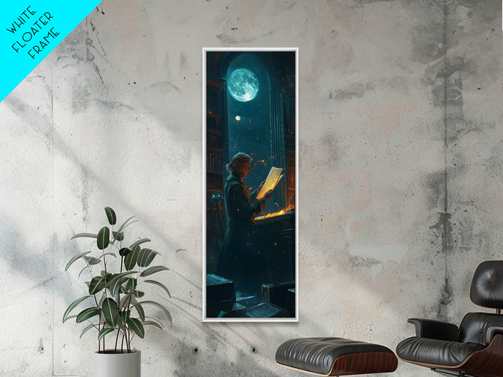 Moonlit Scholar Reading Ancient Scroll Canvas Print, Dark Academia Wall Art, Magical Library Decor, Book Lover Gift For Readers