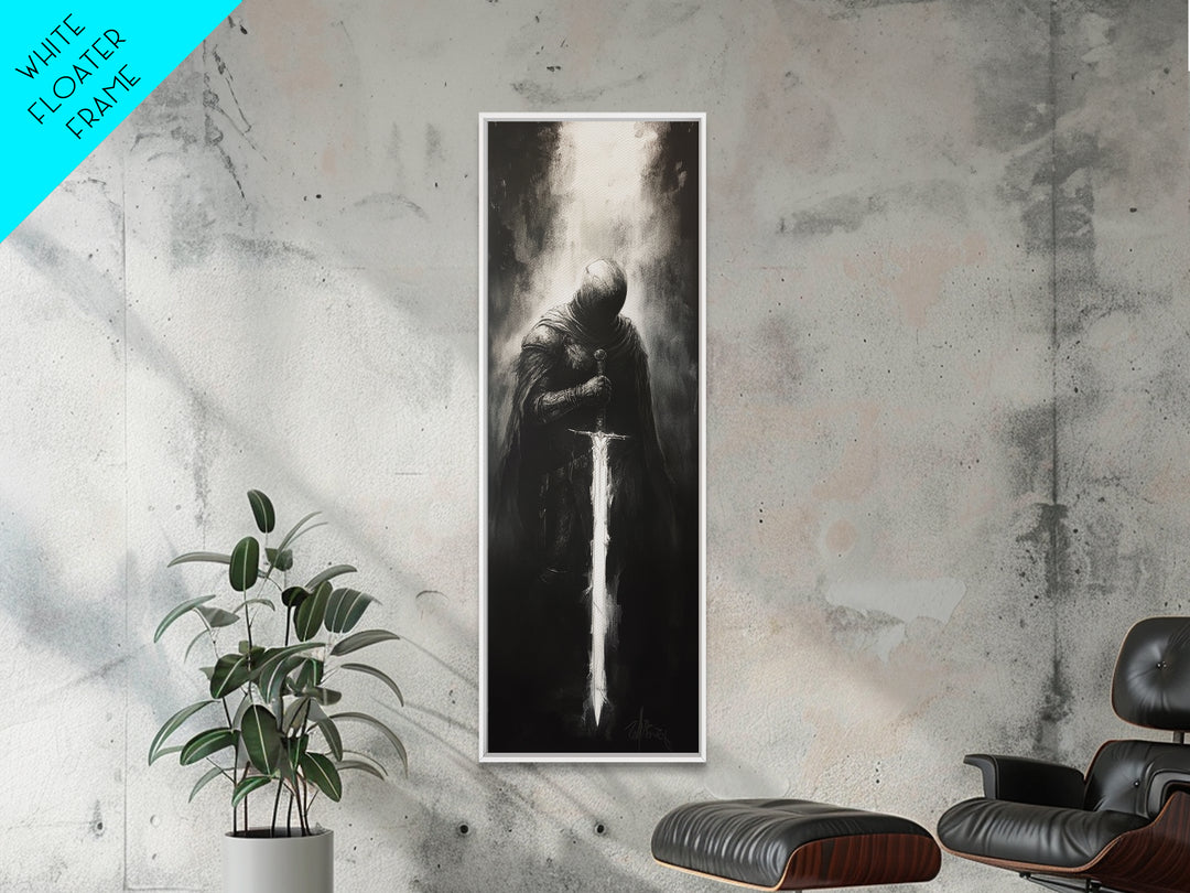 Hooded Knight With Glowing Sword Wall Art, Black And White Fantasy Print, Gothic Dark Academia Decor, Medieval Sword Art