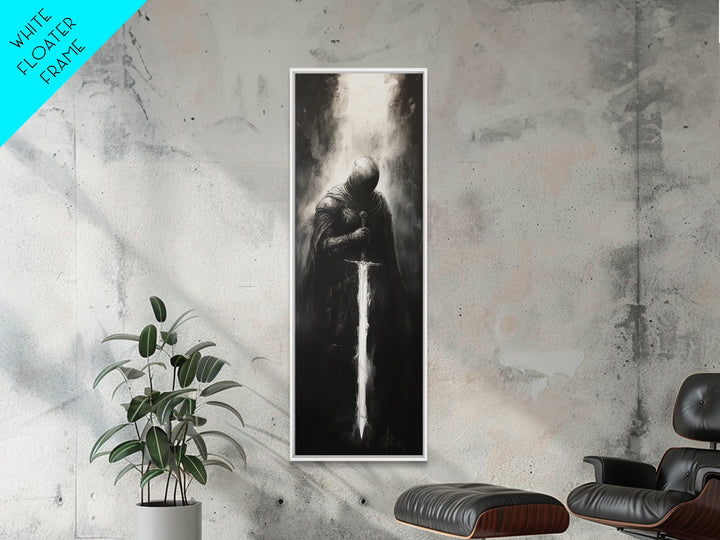Hooded Knight With Glowing Sword Wall Art, Black And White Fantasy Print, Gothic Dark Academia Decor, Medieval Sword Art