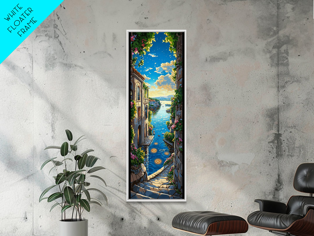 Sunlit Mediterranean Seaside Stairway Wall Art, Coastal Village Canvas Print, Italian Decor, Travel Poster, Beach House Gift