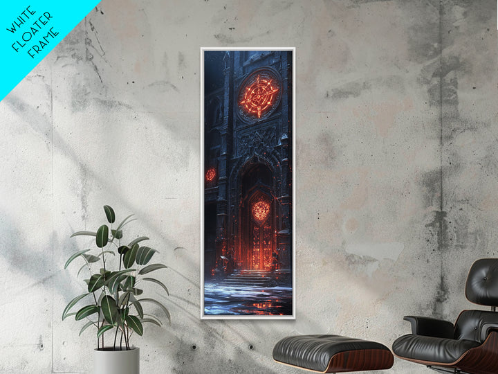 Glowing Gothic Cathedral Door Framed Canvas Print, Dark Fantasy Wall Art, Magical Architecture Decor, Occult Castle Poster