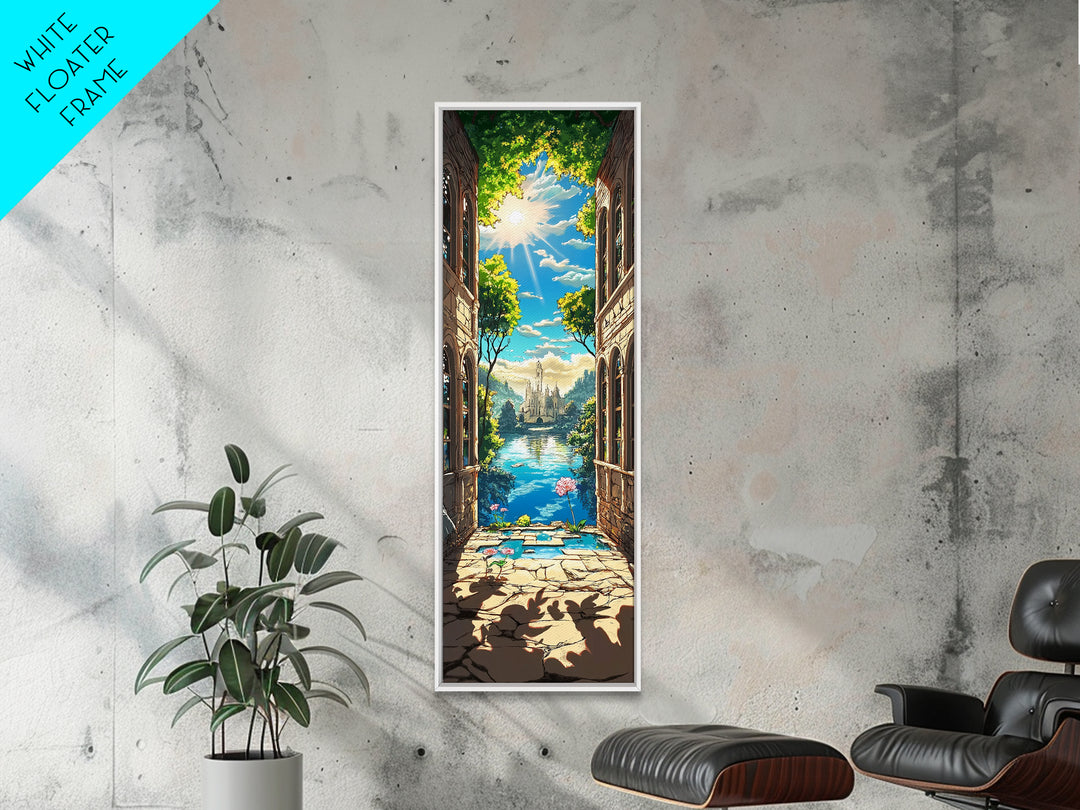 Sunlit Ruins Archway To Castle Lake Canvas Print, Fantasy Landscape Wall Art, Magical Nature Decor, Serene Travel Poster