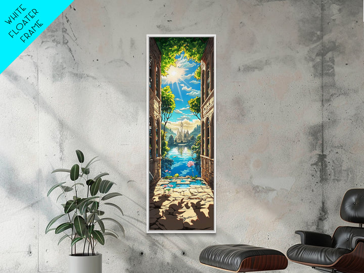 Sunlit Ruins Archway To Castle Lake Canvas Print, Fantasy Landscape Wall Art, Magical Nature Decor, Serene Travel Poster
