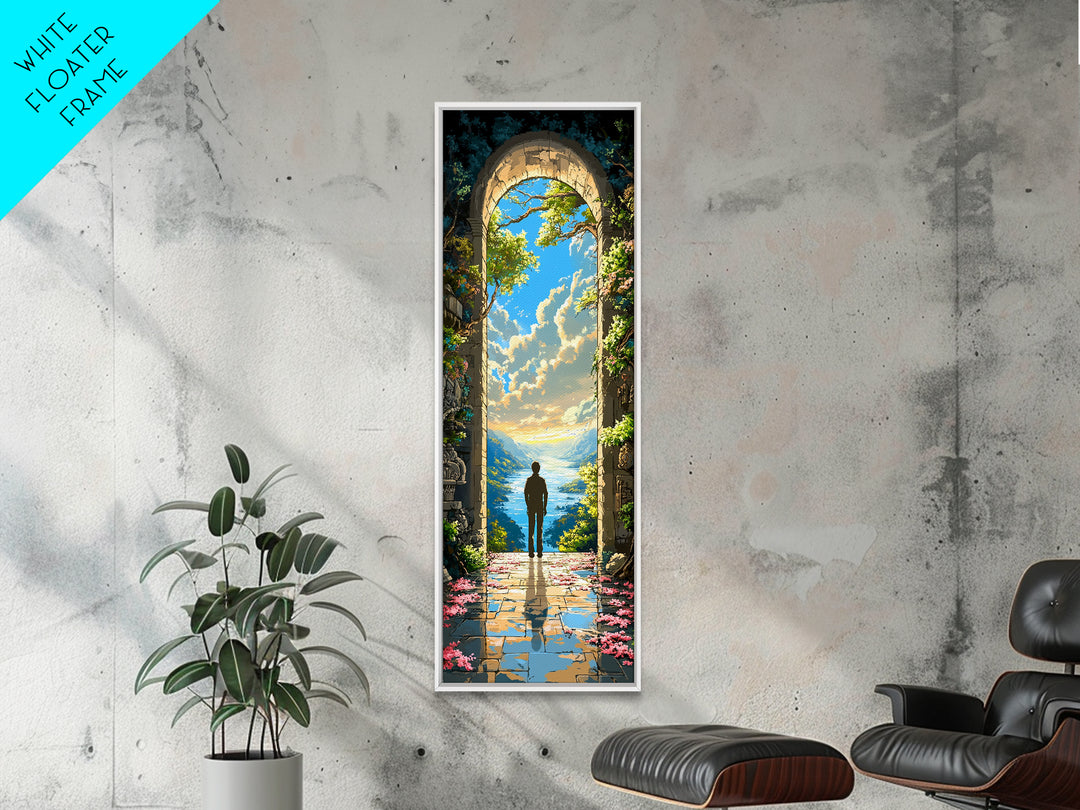 Solitary Figure In Sunlit Ocean Archway Framed Canvas Print, Coastal Fantasy Wall Art, Serene Landscape Decor Gift For Home