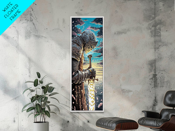 Weathered Knight With Glowing Sword Canvas Print, Medieval Fantasy Wall Art, Dark Academia Decor, Epic Warrior Artwork For Him