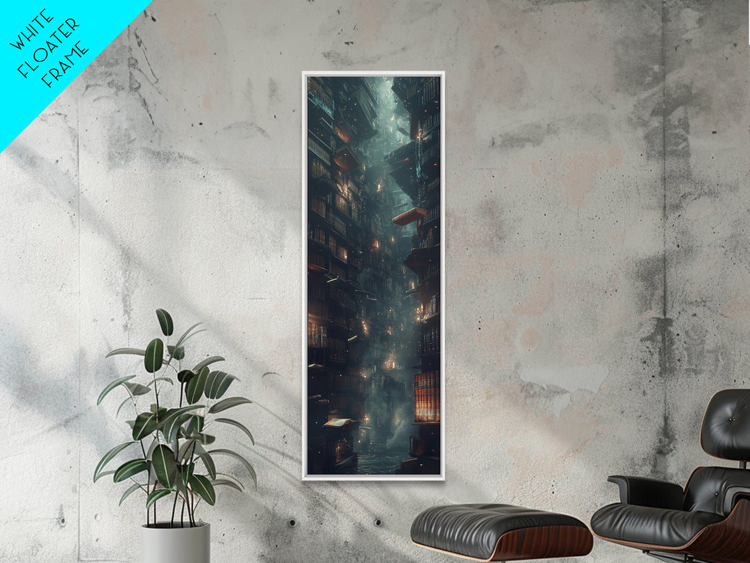 Towering Dark Library With Floating Book Wall Art, Moody Bookish Decor, Dark Academia Fantasy Print For Gothic Reading Nook