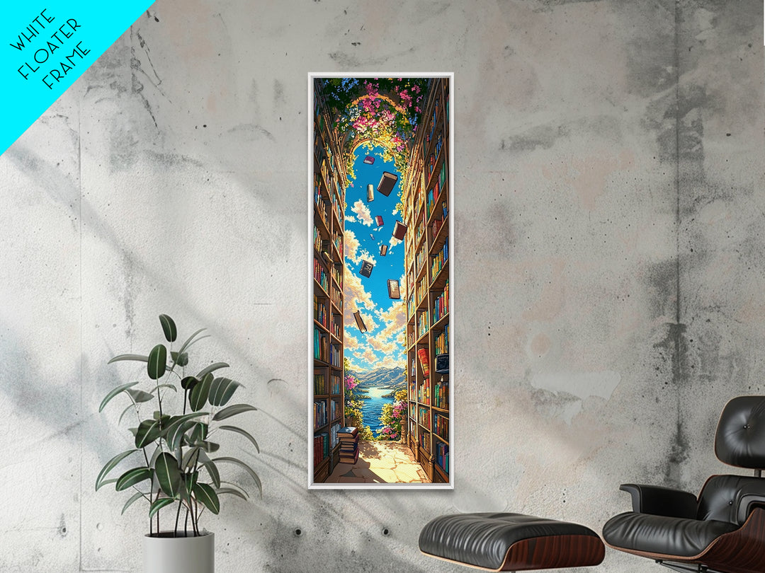 Blooming Library Arch With Floating Books Wall Art, Whimsical Book Lover Decor, Coastal Reading Nook Print, Colorful Art