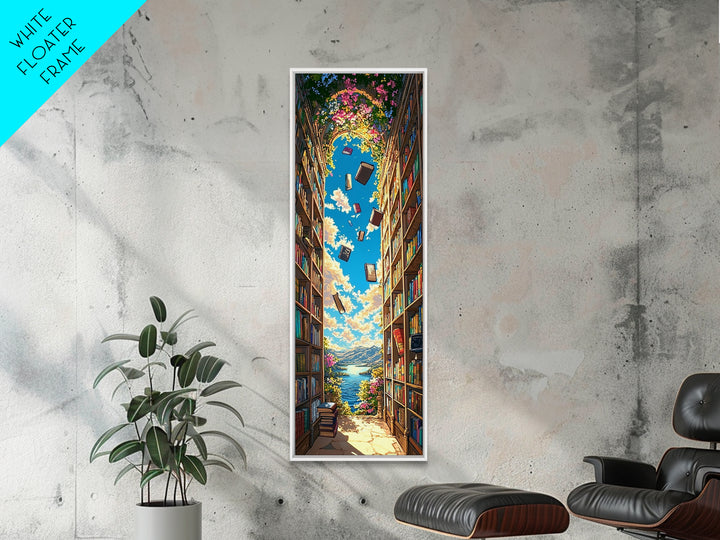 Blooming Library Arch With Floating Books Wall Art, Whimsical Book Lover Decor, Coastal Reading Nook Print, Colorful Art