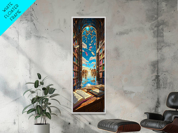 Sunlit Gothic Library Window Over Ocean Canvas Print, Bookish Wall Decor, Coastal Fantasy Art, Reading Nook Home Decor Gift