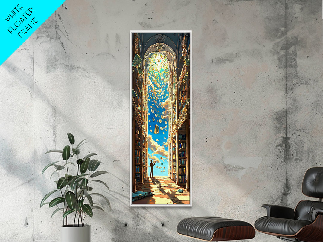 Golden Sky Library Arch With Falling Books Framed Canvas Print, Fantasy Bookish Wall Decor, Dark Academia Reading Gift Decor