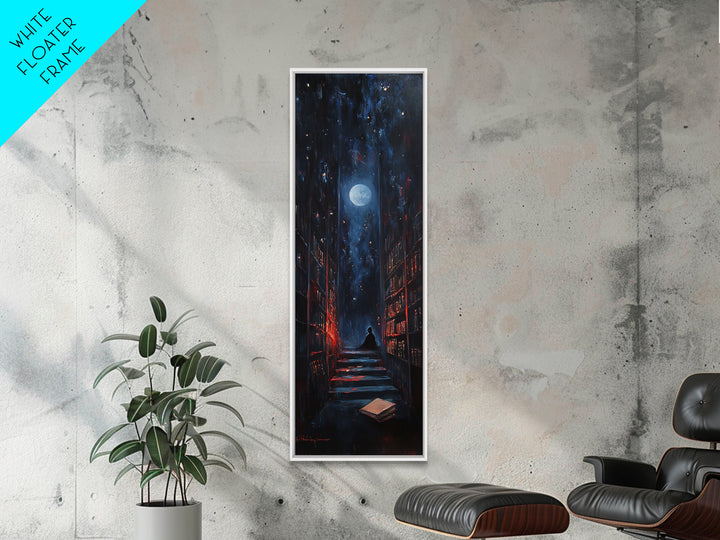 Moonlit Dark Library Stairs With Lone Reader Wall Art, Gothic Bookish Decor, Dark Academia Print, Moody Office Gift Decor