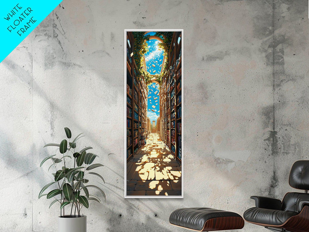 Sunlit Ivy Library Aisle With Floating Books Canvas Print, Bookish Wall Decor, Cozy Reading Nook, Fantasy Home Decor Gift