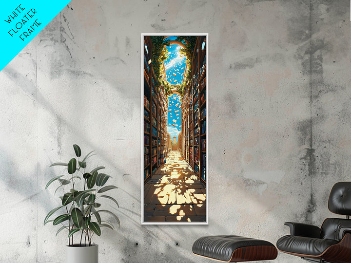 Sunlit Ivy Library Aisle With Floating Books Canvas Print, Bookish Wall Decor, Cozy Reading Nook, Fantasy Home Decor Gift
