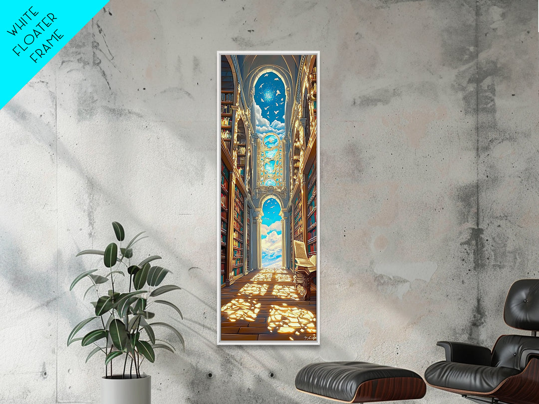 Grand Sunlit Library Hall With Celestial Blue Ceiling Framed Canvas Print, Bookish Wall Decor, Dark Academia Home Gift Decor