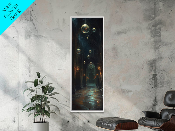 Dark Gothic Hall With Floating Celestial Orbs Canvas Print, Moody Wall Decor, Dark Academia Art, Fantasy Home Gift Office Decor