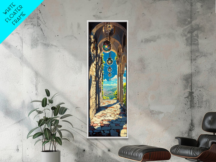 Sunlit Stone Archway With Floating Orbs, Mountain Valley Wall Art, Fantasy Landscape Canvas, Mediterranean Home Decor Print