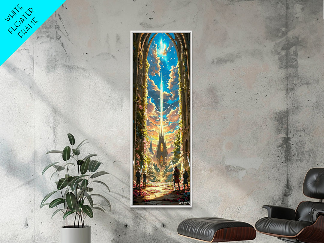 Celestial Cathedral Portal With Radiant Sky Beam Canvas Print, Fantasy Castle Wall Art, Magical Landscape Home Decor Gift For Her