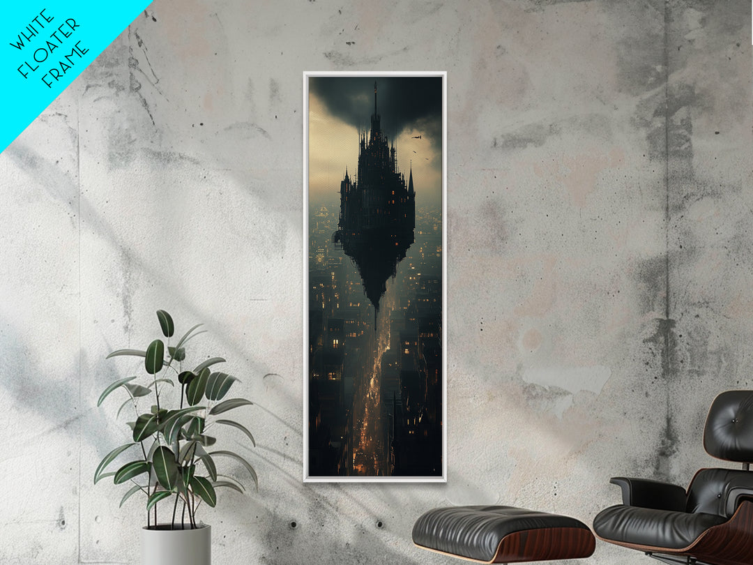 Dark Floating Citadel Above Dystopian City Wall Art, Gothic Castle Canvas Print, Sci Fi Fantasy Office Decor Gift For Him