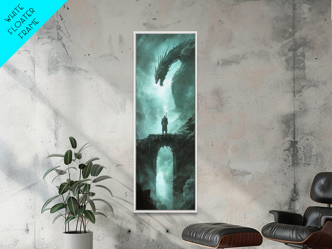 Lone Knight Facing Ancient Dragon Canvas Print, Dark Fantasy Wall Art, Teal Green Gothic Adventure Home Decor Gift For Him